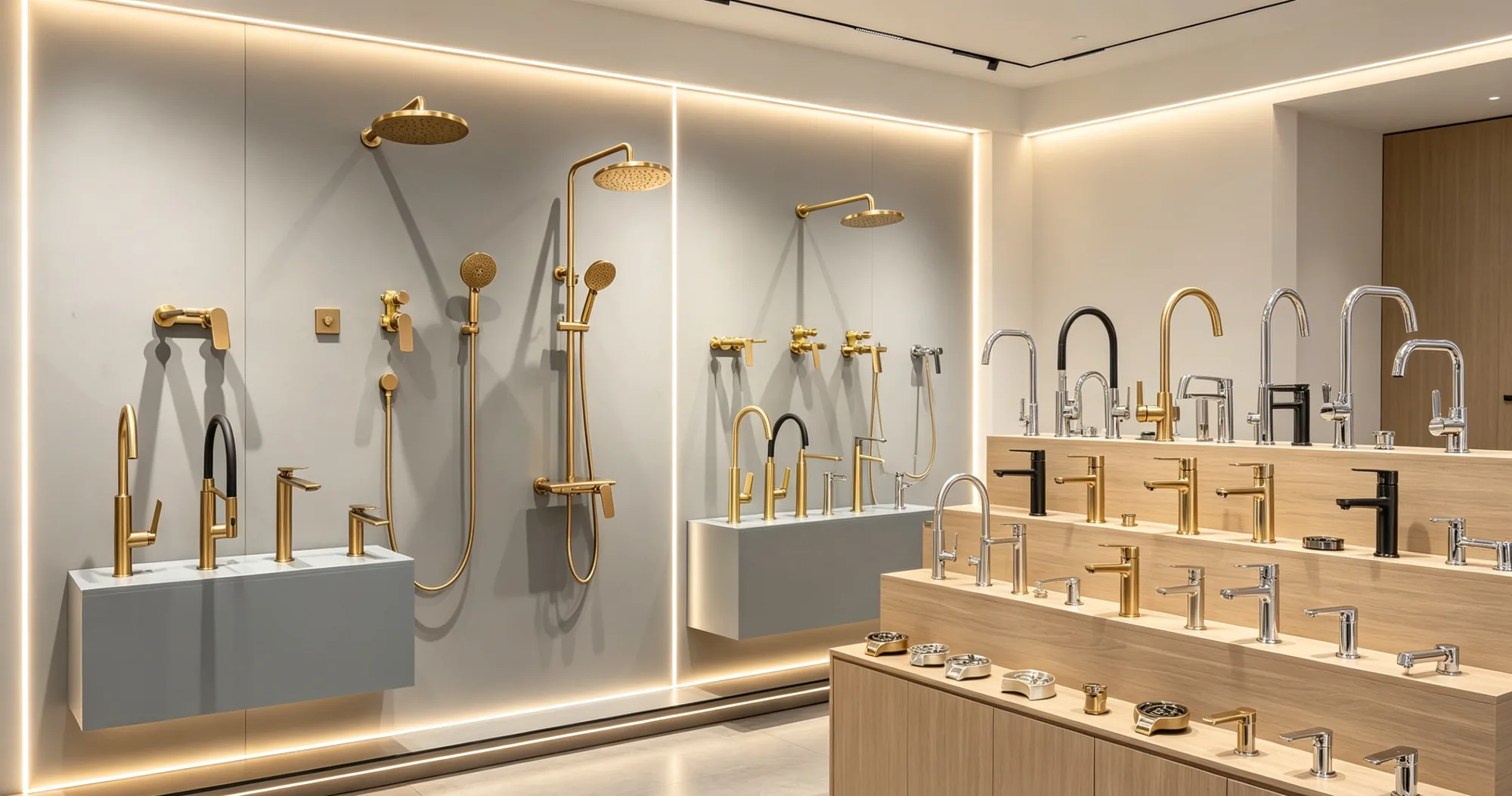 Warmly lit faucet and shower showroom
